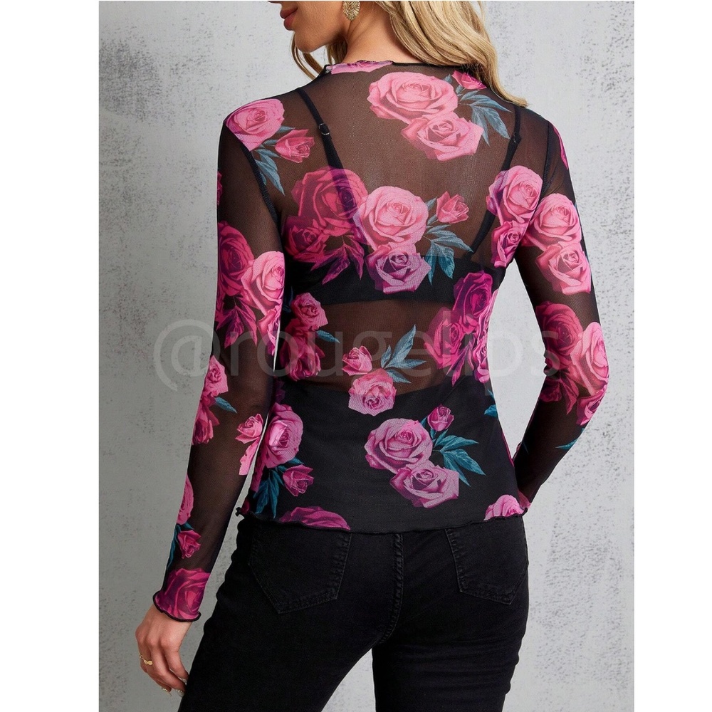 Black Lettuce Trim Long Sleeve Mesh Top Shirt Pink Roses Floral Print - Picture 4 of 8